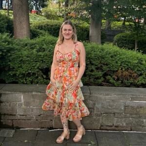 MARCHESA NOTTE Orange Floral Ruffle Midi Sweetheart Neckline Dress size 14